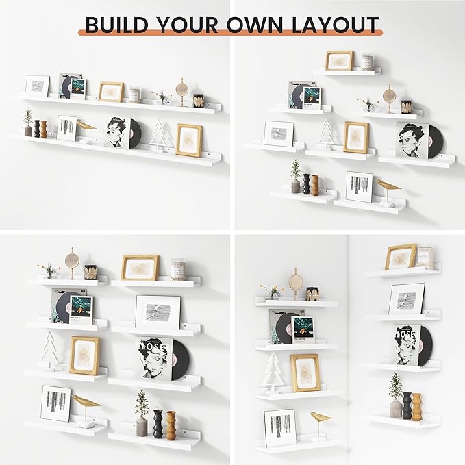 Floating Picture Ledge Shelves for Wall Set of 8, 16 Inch Solid Wood Wall Shelves with Lip Long Large Nursery Book Shelf for Toys Storage Kids Bookshelf Wall Mounted Living Room Bedroom Decor Frames