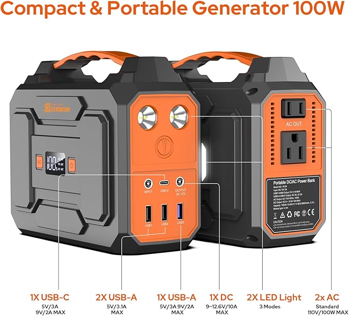 100W Portable Power Station with Foldable Solar Panel, 110V Power Bank with AC Outlet, Rechargeable Battery Generator Power supply for Outdoor, Camping, RV, Travel, Emergency Backup
