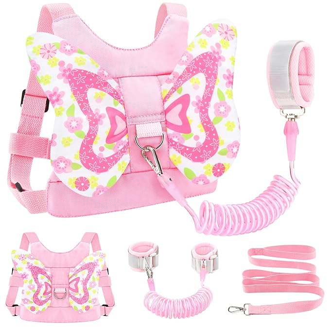 Accmor Toddler Harness Leash, 3 in 1 Cute Butterfly Kids Leash + Anti Lost Wrist Link, Adorable Child Walking Harness Wristband Assistant Soft Strap Belt Protector for Baby Girls to Outdoor Travel