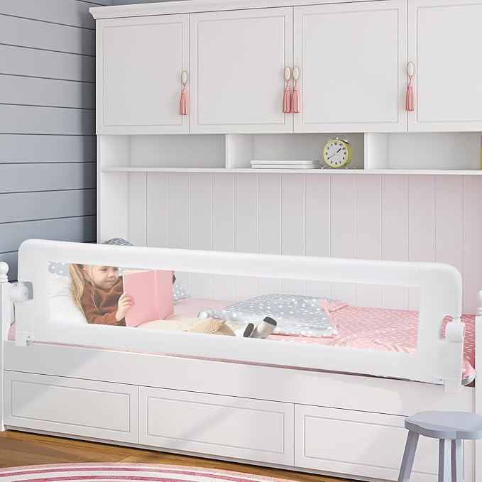 BABY JOY Double Sided Bed Rail Guard, 2 Pack, Extra Long, Swing Down for Convertible Crib, Folding Baby Safety Bedrail for Kids Twin Full Size Queen King Mattress, Rails for Toddlers (White, 71")