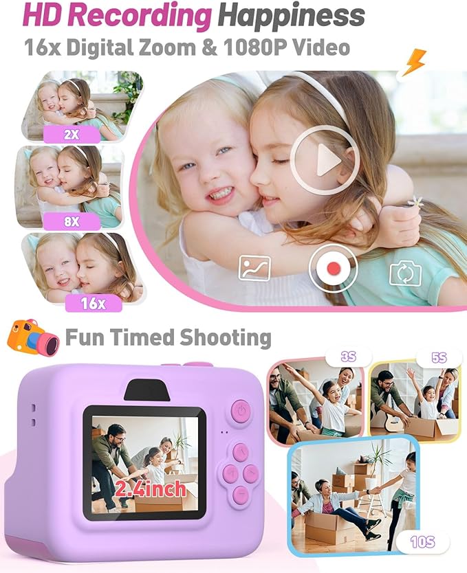 Instant Print Camera for Kids, Christmas Birthday Gifts for 3-12 Year Old Girls Boys, 2.4in Screen 1080P Video Digital Camera Toys for Kids Age 4 5 6 7 8 9 10 with 3 Rolls Print Paper 32G Card