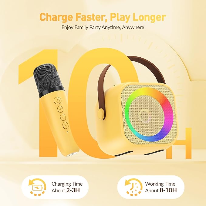 Mini Karaoke Machine for Kids Adults：Portable Bluetooth Karaoke Speaker with 2 Wireless Microphones and Lights for Home Party, Christmas Birthday Gifts for 4-12+ Years Old Girls Boys(Yellow)