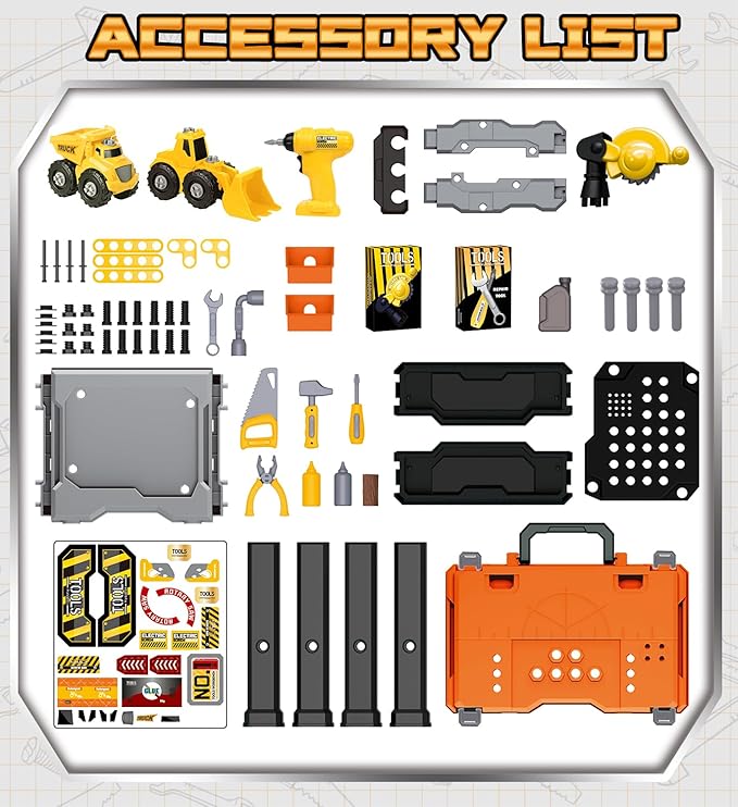 Lehoo Castle Kids Tool Bench with Electric Drill and Construction Vehicles, 2-in-1 Workbench and Toolbox for Toddlers, STEM Learning Toys for Age 3-5, Birthday Gift for Boys & Girls