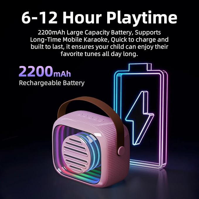 YF93 Kids Karaoke Machine with 7 Voice Effects, Bluetooth & Colorful LED Lights – Portable Singing Toy with Pro, Monster, KTV Modes for Home Parties（Pink）