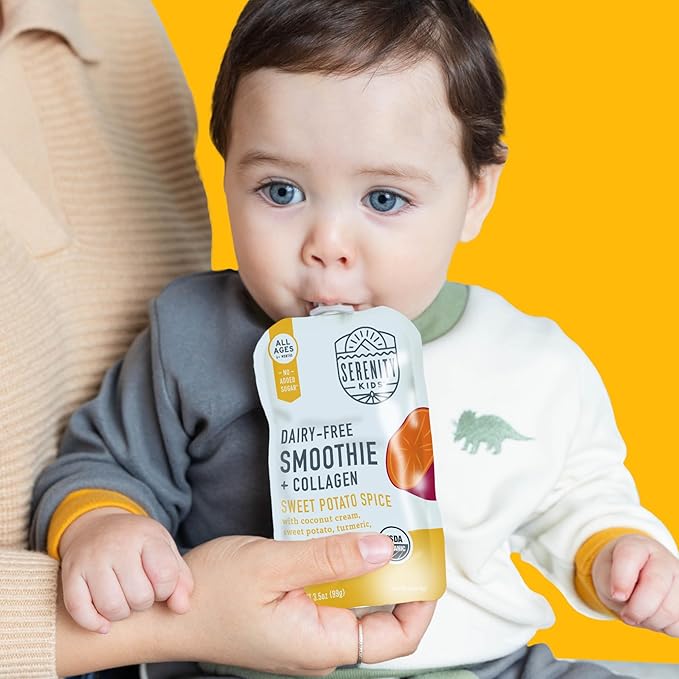 Serenity Kids 6+ Months Dairy-Free Smoothie Baby Food | USDA Organic | Grass Fed Collagen Protein | 3.5 Ounce BPA-Free Pouch | Sweet Potato Spice | 12 Count