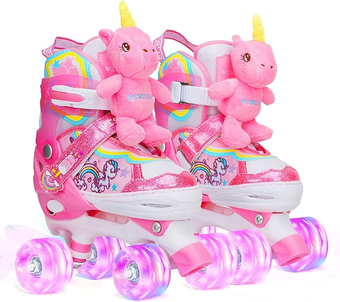 Unicorn Doll Kids Toddler Roller Skates for Girls,WESKIFAN Quad Skating Shoes with Shiny Light up Wheels&Adjustable Sizes Beginners rollerskates for Birthday Xmas Gifts,Patines para Niñas Niños