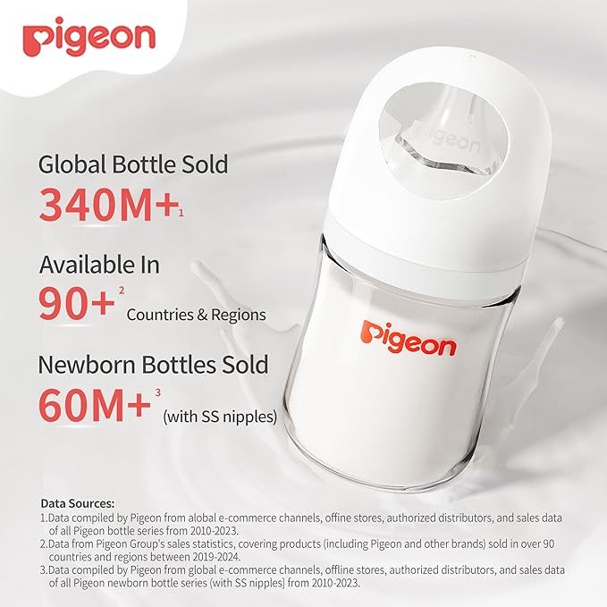 Pigeon Glass Nursing Bottle Wide Neck, Anti-Colic, Streamlined Body, Natural Feel, Easy to Clean, Heat-Resistant, 8.1 Oz(Pack of 2), Includes 2pcs M Nipples (3m+)