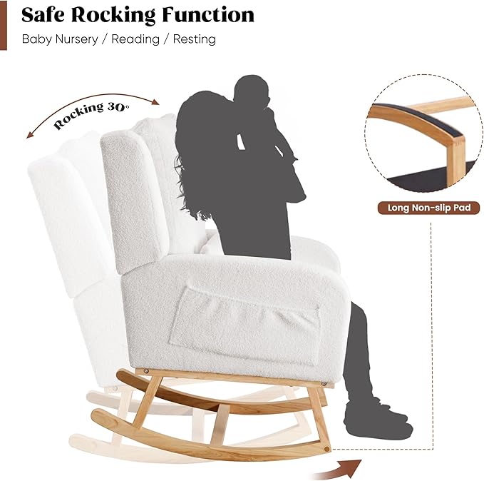 Rocking Chair Nursery, Sherpa Nursing Rocking Chairs, Upholstered Nursery Glider Rocker Wingback Morden Rocking Chair with Lumbar Pillow for Mom Nursery, Living Room, Bedroom, Teddy White