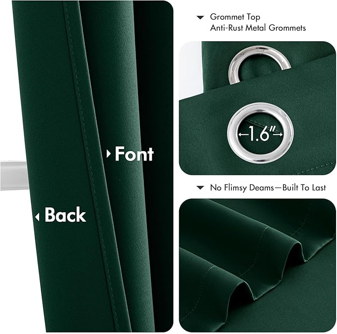 MIULEE Hunter Green Blackout Curtains for Bedroom Living Room 63 Inches Long 2 Panels, Thermal Insulated Room Darkening Drapes Solid Grommet Noise Reduction Emerald Green Christmas Curtains 40x63 Inch