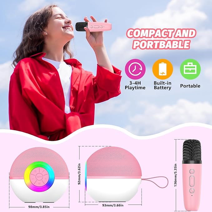 Mgaolo Mini Karaoke Machine for Kids Adults,Portable Bluetooth Speaker with 2 Wireless Microphones,Gift Toys with MP3 Player for Boys Girls 3-12 Year Old Birthday Family Home Party Present (Pink)