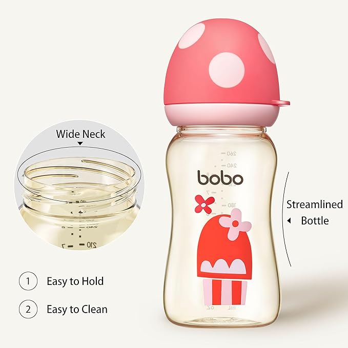 YOHKOH PPSU Baby Bottle Wide Neck, Newborn Anti-Colic Baby Bottle with Natural Response Nipple, Streamlined Body, Easy to Clean (8.8oz (Pack of 4), Red)