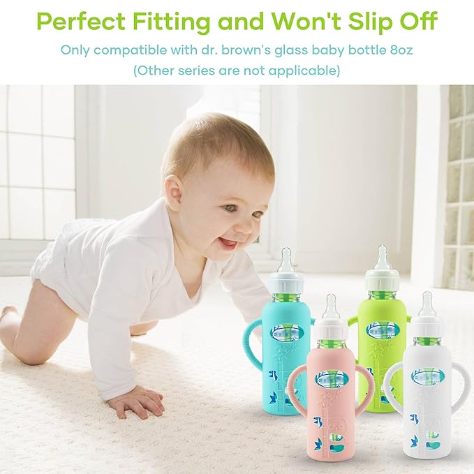 4 Pack Silicone Sleeves for Dr. Brown's Glass Baby Bottles, Anti Breakage Durable Baby Bottle Holder with Easy Grip Handles, Narrow Sleeve with a Cutout, Dishwasher/Freezer/Microwave Safe, 8 oz
