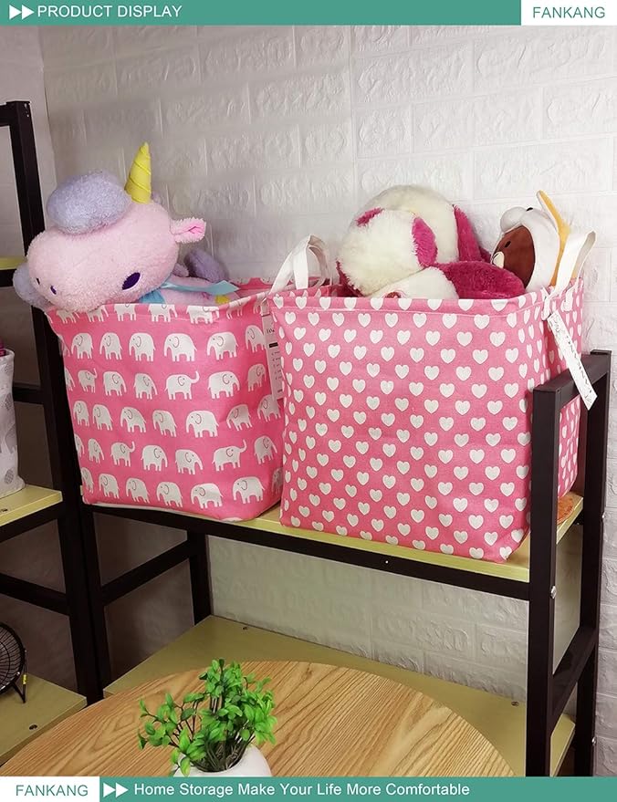 FANKANG Square Nursery Hamper Storage Bins Canvas Laundry Basket Foldable with Waterproof PE Coating Storage Baskets Gift Baskets for Children, Office, Bedroom, Clothes（Square-Pink Heart ）