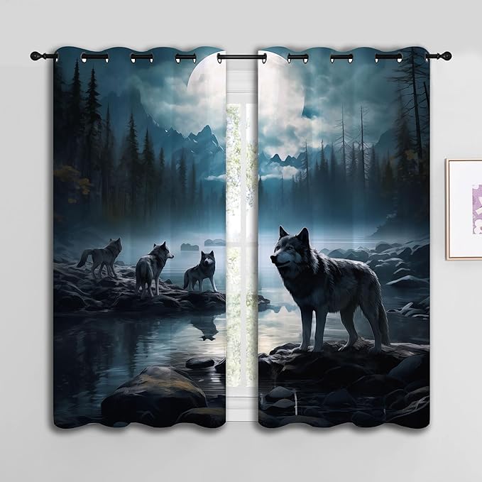 Wolf Blackout Curtains for Boys Girl Bedroom Decor,Dreamy Forest Full Moon Wolf Pack Thermal Insulated Grommet Drapes Darkening Window Curtain for Living Room Home 42x63 inch