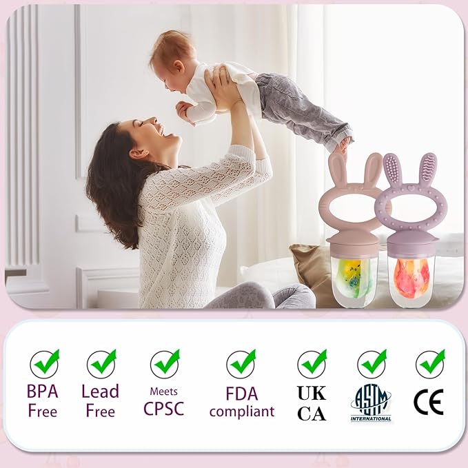 Baby Solids/Frozen Fruit Feeder Pacifier, Infant Teether Toy 4M+, BPA-Free Silicone Pouch & Nipple, Safely Introduce Solids, Teething Relief, 2-Pack (Rabbit - Pink Purple, S/M/L)