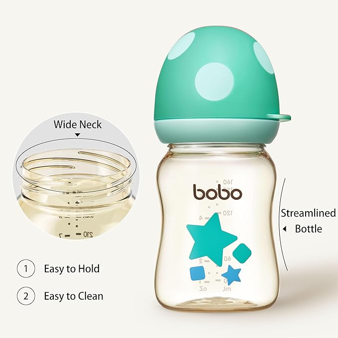 YOHKOH PPSU Baby Bottle Wide Neck, Newborn Anti-Colic Baby Bottle with Natural Response Nipple, Streamlined Body, Easy to Clean (5.4oz (Pack of 2), Blue)