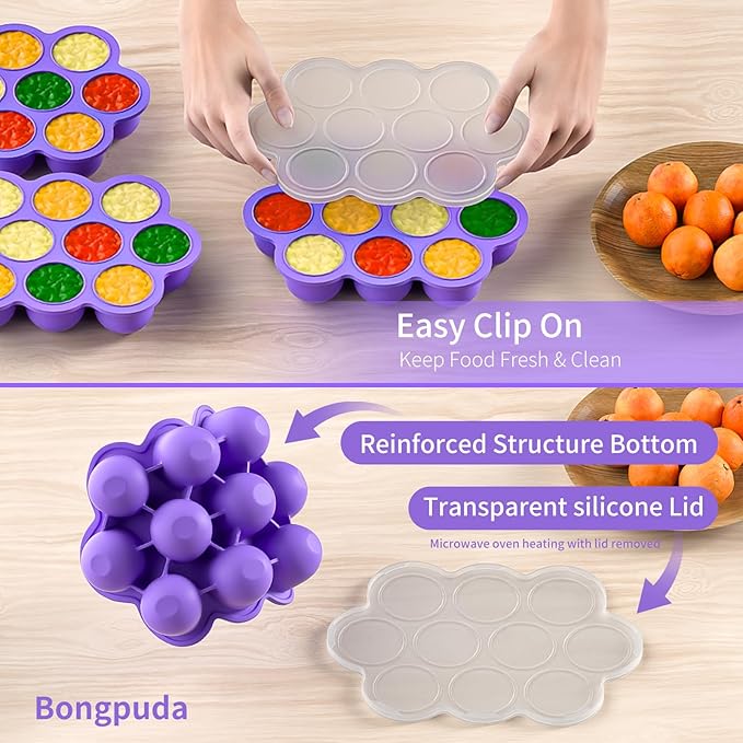 10 Cavities 2 OZ Portions Silicone Baby Food Freezer Tray with Lid,Ice Cube Trays & Molds,Baby Popsicle Mold,Egg Bite Molds,for Freezing and Baking Breast Milk,ice Cube,Egg Bites(Purple)