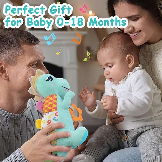Baby Dino Plush Soft Stuffed Animal Toy for 0-3-6-12+ Months,Infant Musical Toy with Rattle,Squeaker,Sensory Crinkle,Teether & Textures,Tummy Time Toys Christmas Baby Gift for Newborn Girl Boy (Blue)