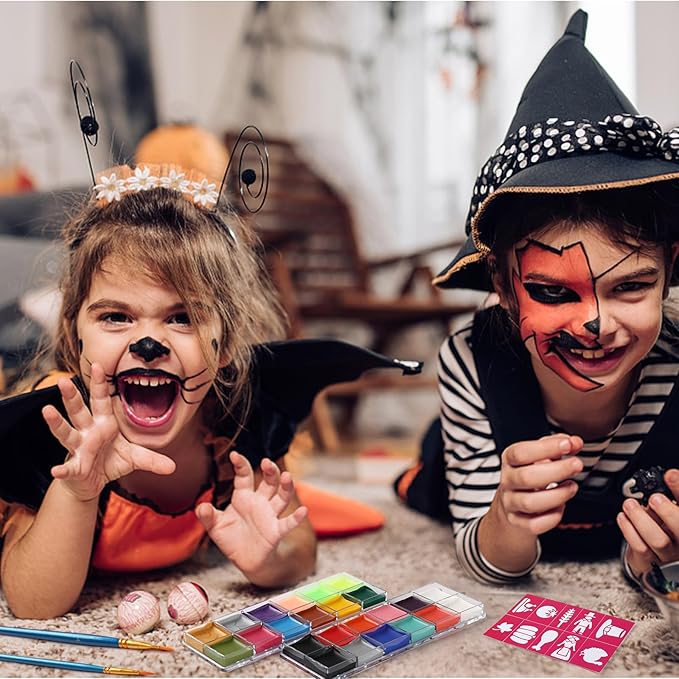Face Painting Kit For Kids Party,22 Colors Face Paint Kit Includes Paint Tray,Sponges,Brushes and Stencils,Professional Face Painting Kit Non Toxic for Kids and Adults Halloween Makeup