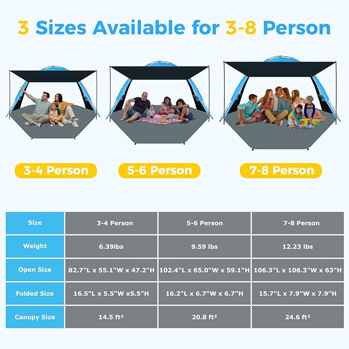 Gorich Beach Tent with Canopy - Easy Setup 3-4/5-6/7-8 Person Portable Sun Shelter, UPF 50+ UV Protection Sun Shade, Lightweight & Compact Beach Cabana for Family Travel