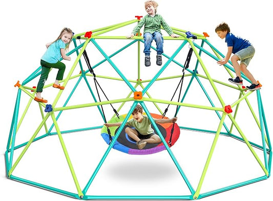 Hapfan 10 ft Climbing Dome Swing Set with Saucer Swing, Jungle Gym for Kids Outdoor Backyard, Supports 800lbs, Easy Asssembly, Rust-Resistant Outdoor Playset for Ages 3-8 8-12