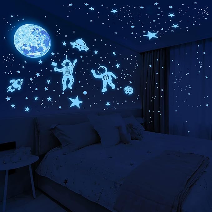 1017Pcs Glow in The Dark Stars for Ceiling Glow in The Dark Moon and Planet Wall Decal Luminous Astronaut Universe Galaxy Space Wall Stickers for Kids Boys Bedroom Blue