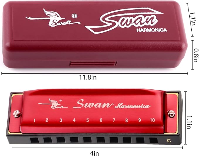 SWAN Blues Harmonica Key of C Mouth Organ Diatonic Harmonica with Case, 10 Hole 20 Tones Stainless Blues Harp for Adults, Beginners(Burgundy Red)