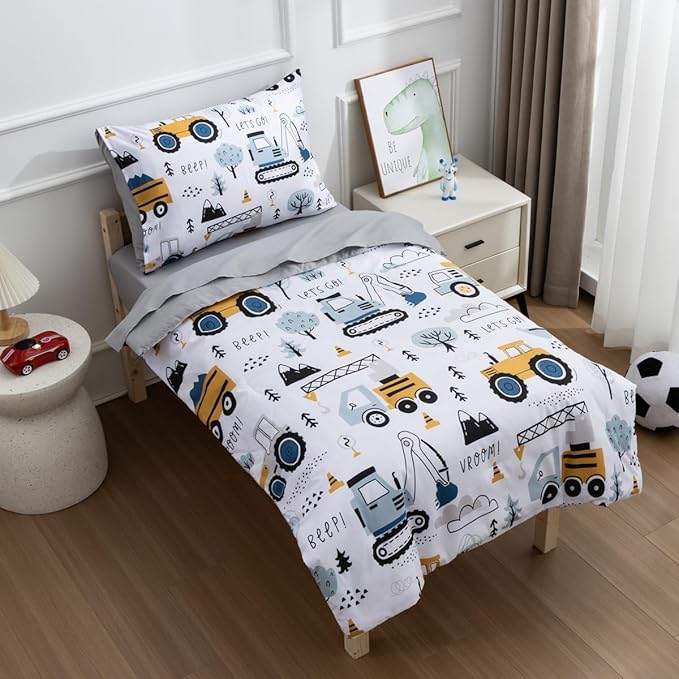 NTBED 4 Pieces Construction Toddler Bedding Set for Baby Boys,Tree Truck Vehicles Excavator Cars Printed, Includes Comforter, Flat Sheet, Fitted Sheet and Pillowcase,Light Grey