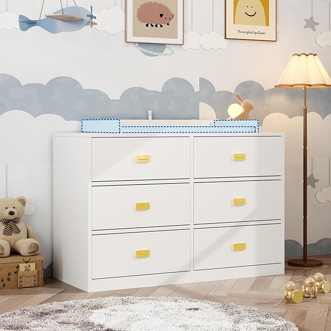 6 Drawer Baby Dresser, Nursery Dresser with Changing Topper, Long Cabinet for Infant Cloth Organize, Changing Station for Nursery and Kids Bedroom Storage, White (45.3" W x 18.9" D x 30.1" H)