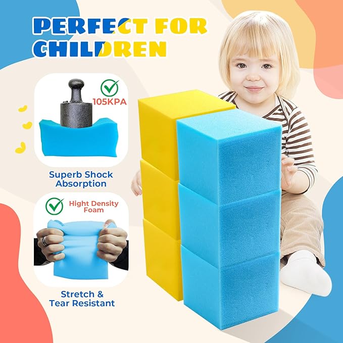 Foam Pit Cubes, 24 PCS 5 Inches Gymnastics Foam Blocks Trampoline Blocks, Multi-Sport Protective Padding for Freerunning, Trampoline, Parkour, Skate Parks & BMX - Blue & Yellow
