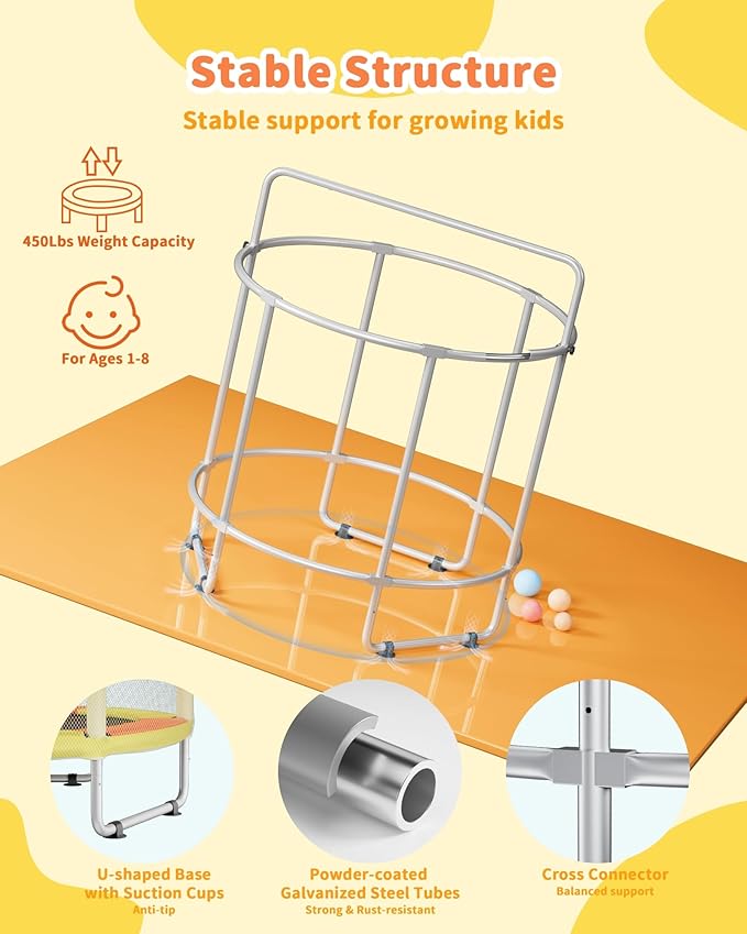 55” Trampoline for Kids, Powder-Coated Mini Trampoline for Toddlers, Indoor Outdoor Toys with Adjustable Gymnastics Bar, Swing, Basketball Hoop, Birthday Gifts for Boys & Girls Ages 1-8