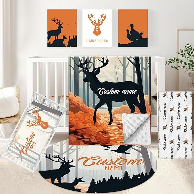 Personalized Baby Crib Bedding Set, 5 Pcs Custom Baby Crib Set with Name, Soft Flannel Deer Crib Bedding Set for Boys, Double Layer Nursery Bedding Set, Toddler Infant Bedding Set Parents Gift