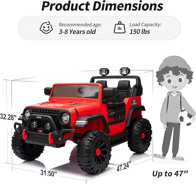 2 Seater Ride on Car Truck, 12V Kids Electric Ride on Toy for Big Kids Age 3-8 w/Remote Control- Red