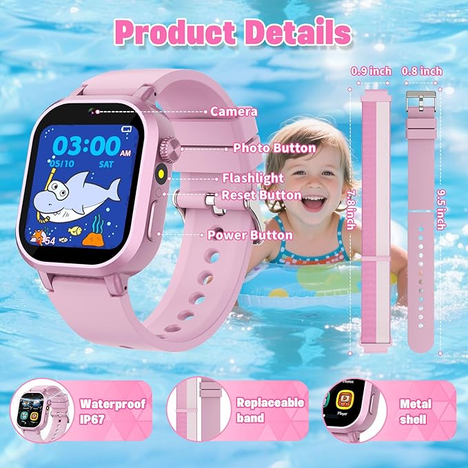 Kids Waterproof Smart Watch Girls Gift Age 3-12 with 39 Game HD Touch Screen Music Player Video Camera Pedometer Alarm Clock Birthday Gift for 6 7 8 9 Year Olds Pink