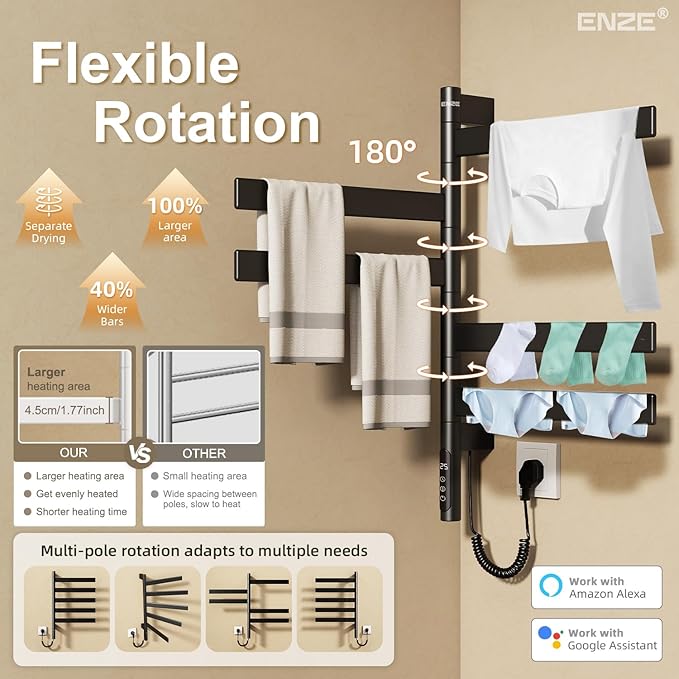 ENZE Smart Rotating Heated Towel Rack for Bathroom, Wall-Mounted Electric Towel Dryer with Swivel Bars, Smart Timer, Low Carbon Steel, IPX5, Plug-in/Hardwired, Towel Warmer with Wi-Fi App Control