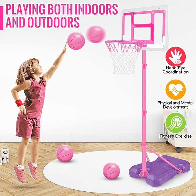 Kids Basketball Hoop with Stand, Adjustable Basketball Set, Toddler Basketball Toys for Boys Age 3 4 5 6 7 8, Indoor Outdoor Backyard Sport Game Gifts Pink
