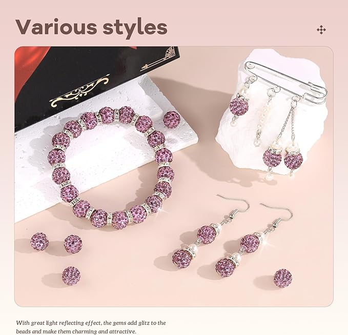 200pcs 10mm Rhinestone Beads for Jewelry Making, Light Purple Shiny Round Disco Beads Bulk, Sparkle Crystal Clay Christmas for Bracelet Baseball Necklace Earring Crafting and DIY