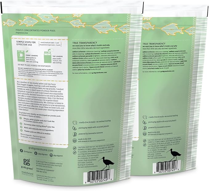 Grab Green Newborn Baby Laundry Detergent Pods, 60 Loads, Fragrance Free, Mineral Based, Non-Toxic, Stain Remover