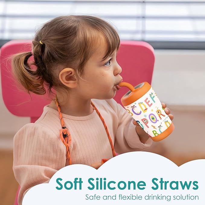 Kid Insulated Stainless Steel Tumbler with Silicone Straw, 12oz Sippy Cup for Kids (Alphabet)