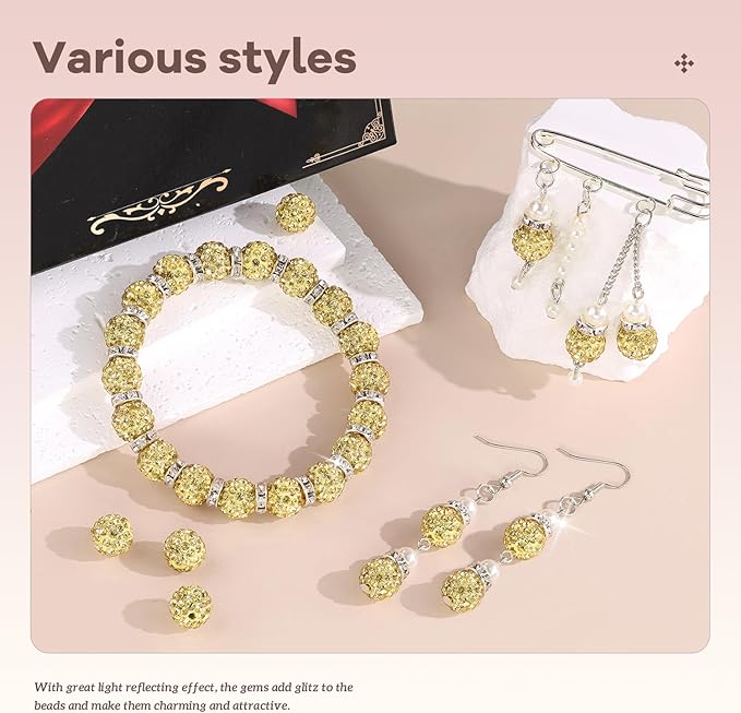 160pcs 10mm Rhinestone Beads for Jewelry Making, Light Yellow Shiny Round Disco Beads Bulk, Sparkle Crystal Clay Christmas for Bracelet Baseball Necklace Earring Crafting and DIY