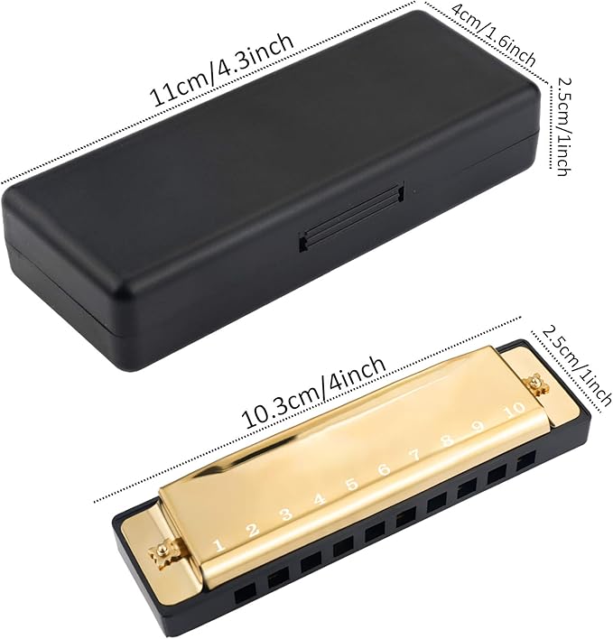 4PCS Key of C 10 Hole 10 Tones Titanium Color Harmonica with Case for Beginner Students Kids（Gold, Purple, Green, Blue）