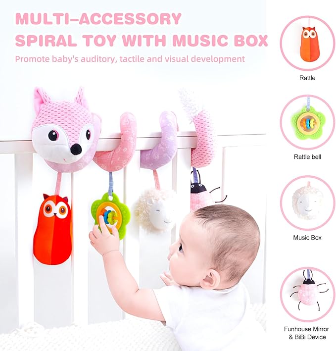 Jollybaby Baby Car Seat Stroller Toys, Plush Activity Hanging Spiral Activity Pram Crib with Music Box, Rattles, Squeaker for Babies Infant Boys Girls(Pink Fox)