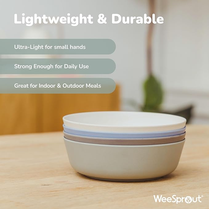 WeeSprout Bamboo Kids Bowls with Lids, Set of Four 15 oz Kid-Sized Bamboo Bowls, Bamboo Kid Bowls with Lids for Leftovers, Dishwasher Safe (Blue, Green, Gray, & Beige)