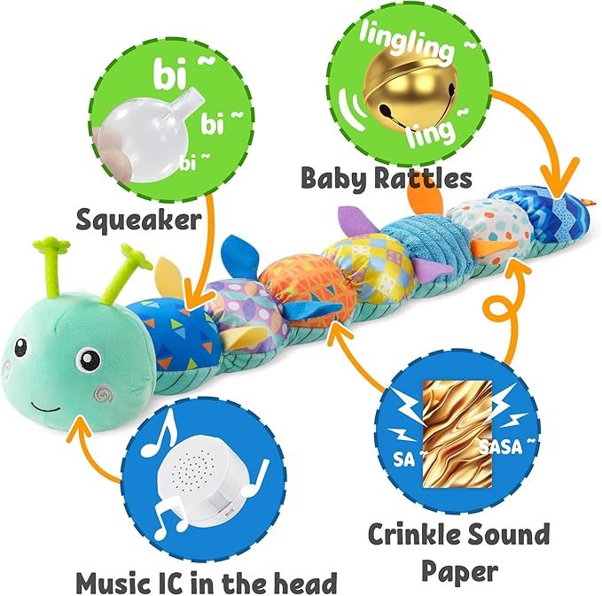 LIGHTDESIRE Baby Toys Musical Caterpillar,Infant Stuffed Animal Toy with Crinkle and Rattles,Soft Sensory Toys with Textures for Tummy Time Newborn Boys Girls 0 3 6 12 Months(Blue)
