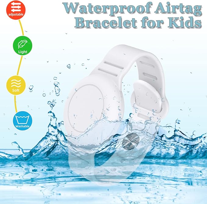 Kids Waterproof Airtag Bracelet Compatible with Apple AirTag, Hidden Silicon Protective Case for Air Tag GPS Tracker Holder, Adjustable Anti-Lost Watch Band for Toddler Child (White)