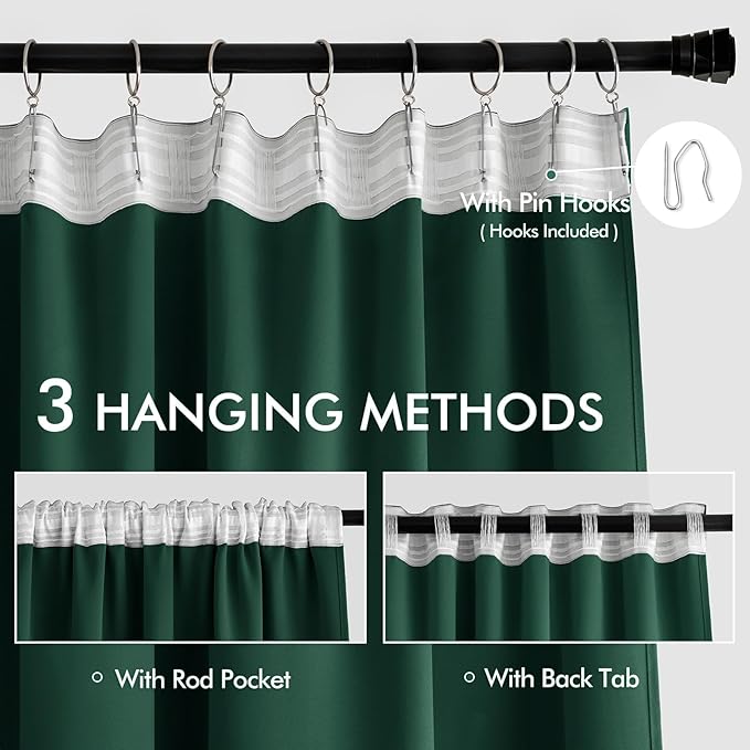 MIULEE Hunter Green Back Tab Blackout Curtain 96 Inch Long 2 Panels Set for Living Room Bedroom, Rod Pocket/Pinch Pleat Thermal Insulated Room Darkening Pleated Floor to Ceiling Drapes