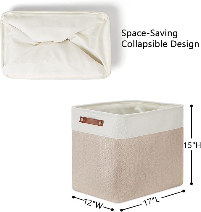 DULLEMELO Extra Large Storage Baskets, Fabric Storage Bins for Organizing Shelves Nursery Toys Books, Closet Baskets and Bins with Handles, White&Khaki, 2-Pack
