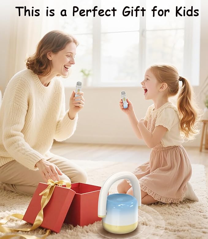 EWA Portable Mini Metal Karaoke Machine, Bluetooth Karaoke Speaker with 2 Wireless Microphones, Ideal Gifts for Girls Boys Family Home Party Birthday Christmas Toys Gifts-(Blue)