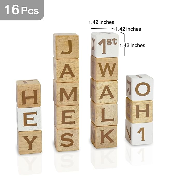 I'm Solid Wood Baby ABC Alphabet Milestone Age Blocks, Personalized Own Name, Gender Neutral, Newborn Gifts & Keepsakes for Picture Props (1.4" / 16 Pcs/Brown)