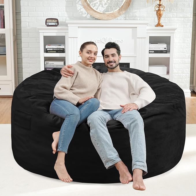 4FT Bean Bag Chair, Large Bean Bag Chairs with Memory Foam Filled, Fluffy Beanbag Sofa with Dutch Velvet Cover, Round BeanBag Chairs for Living Room, Playroom - Black